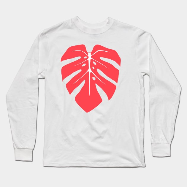 Coral Pink Monstera Leaf Long Sleeve T-Shirt by ally1021